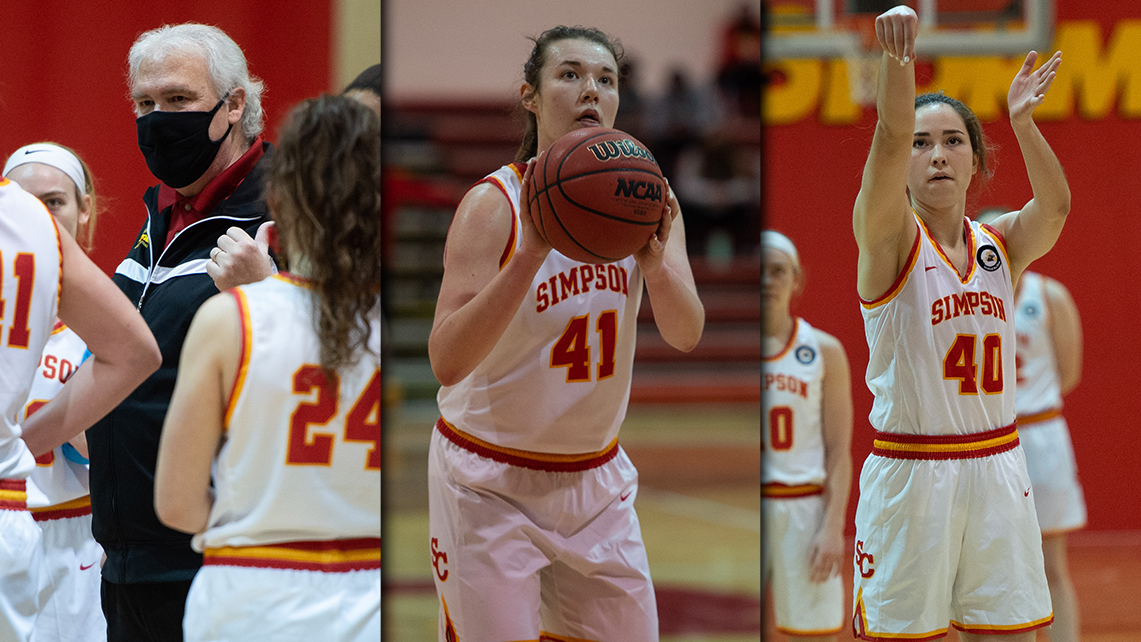 Simpson head coach Brian Niemuth (left) earned D3hoops.com All-West Region Coach of the Year honors, Jenna Taylor (middle) was Player of the Year and Cameron Kincaid (right) landed on the second team.